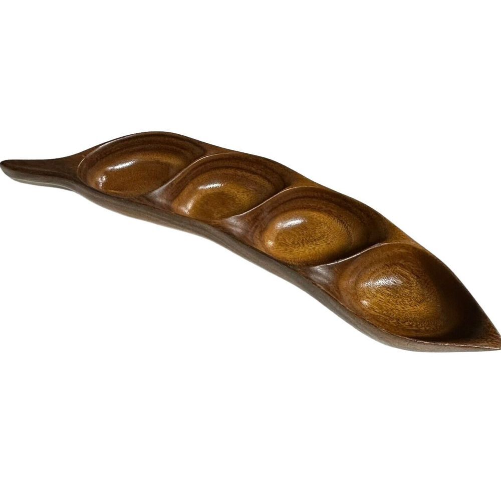 Monkey Pod Pea 4 Section Wood Serving Console Bowl Hand Carved‎ SIGNED Hawaiian